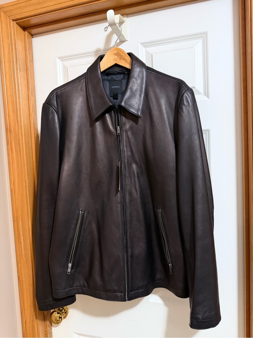 Express Men's Dark Black-Brown Leather Bomber Jacket
